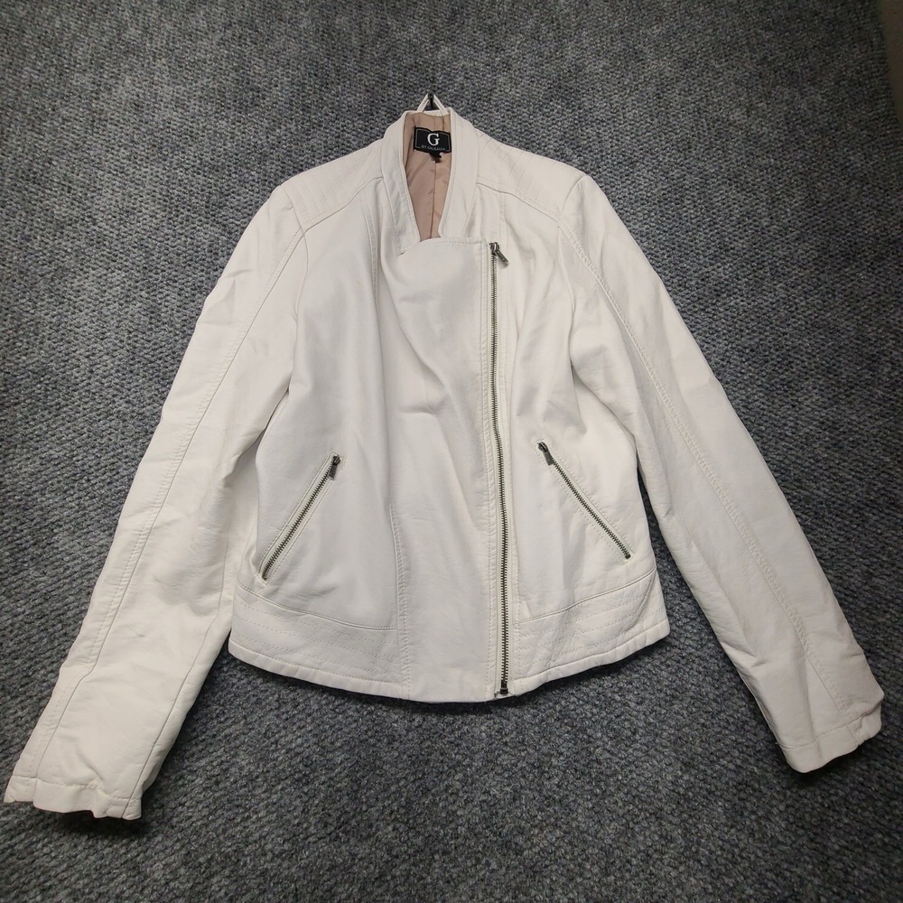 G by Giuliana Women's Cream White Motorcycle Faux Leather Moto Jacket Sz L